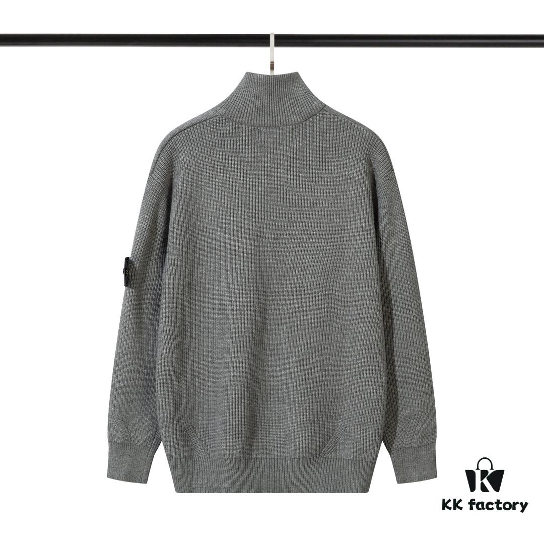 908# STONE ISLAND Knit Zip-Front Stand Collar Sweater. Black, White, Gray
