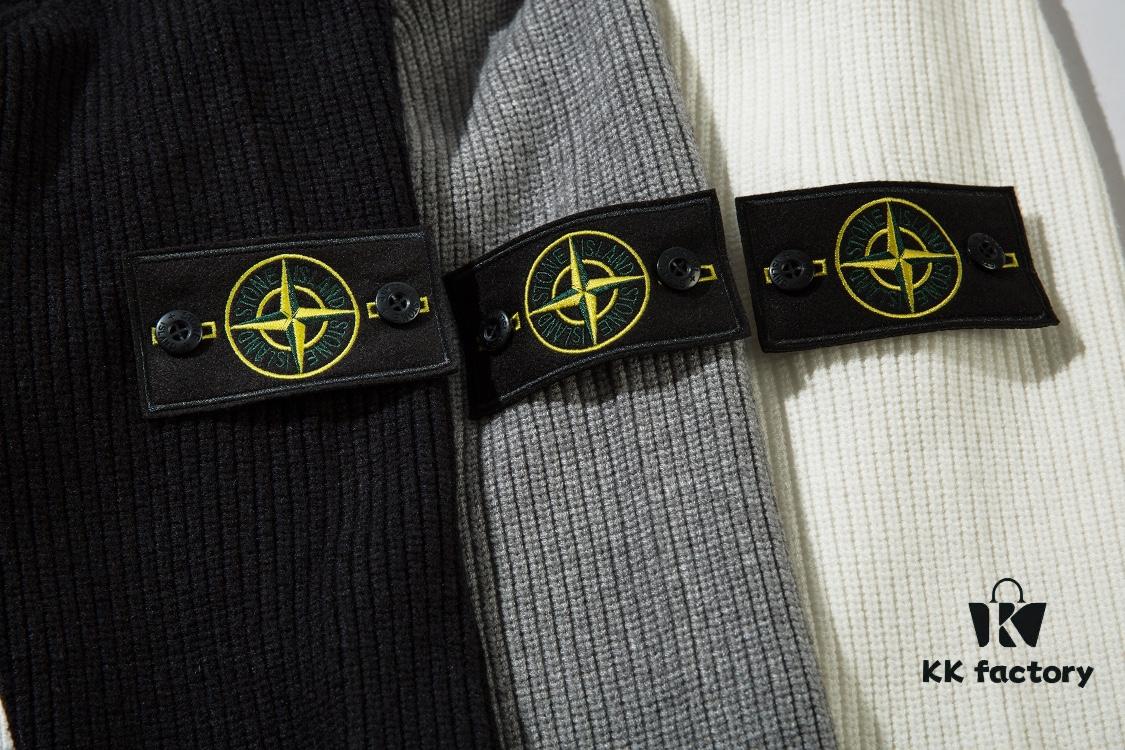 908# STONE ISLAND Knit Zip-Front Stand Collar Sweater. Black, White, Gray