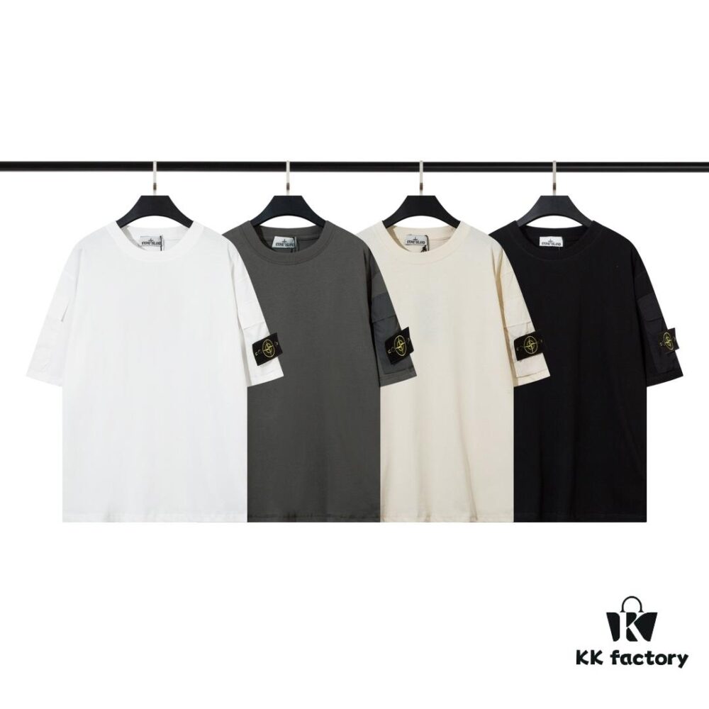 STONE ISLAND (230g Double Yarn) Sleeve Pocket Trench T-Shirt in Black, White, Beige, Grey Green