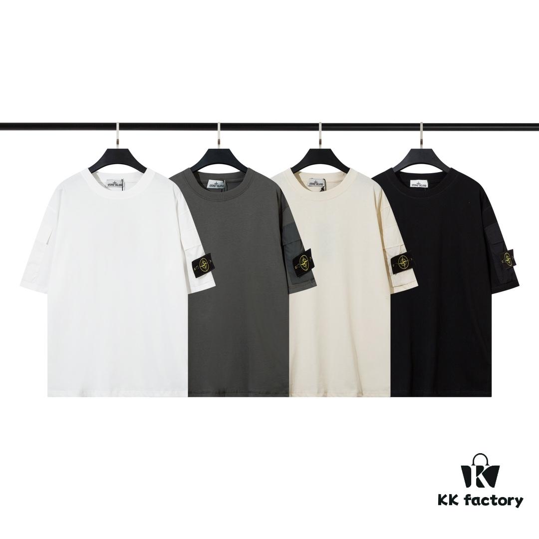 STONE ISLAND (230g Double Yarn) Sleeve Pocket Trench T-Shirt in Black, White, Beige, Grey Green