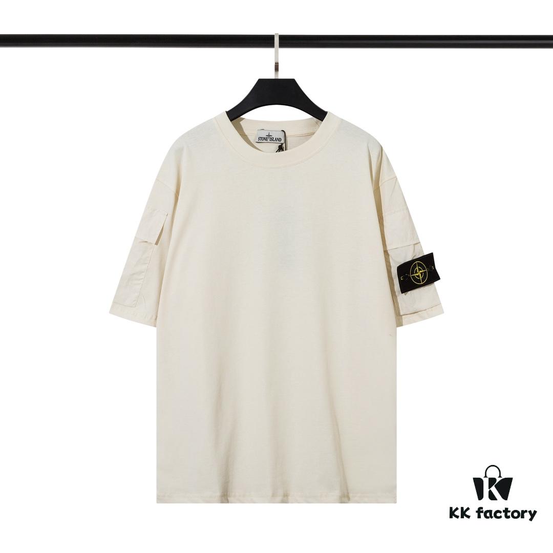 STONE ISLAND (230g Double Yarn) Sleeve Pocket Trench T-Shirt in Black, White, Beige, Grey Green