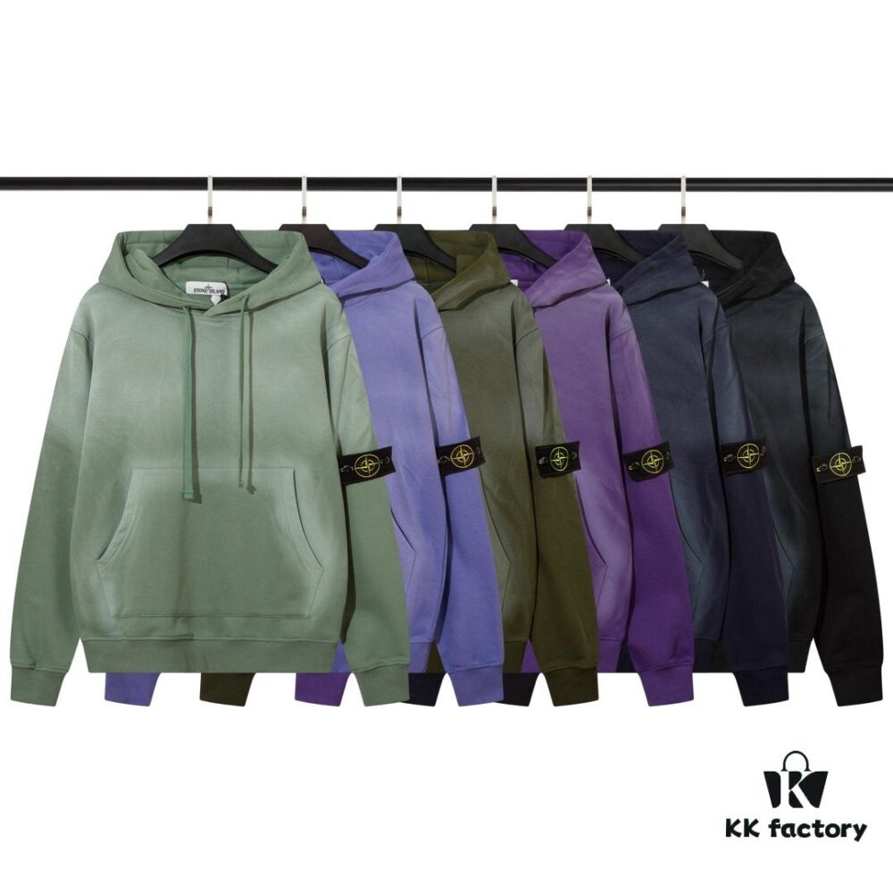 STONE ISLAND Autumn/Winter New Arrival Washed Monkey Process Hooded Sweatshirt in French Terry Fabric Black Military Green Sapphire Blue Light Green Purple Lavender M L XL XXL
