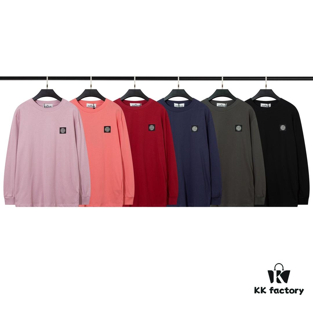 STONE ISLAND (200g Double Cotton Yarn) Embroidered Logo Crew Neck Long Sleeve T-Shirt