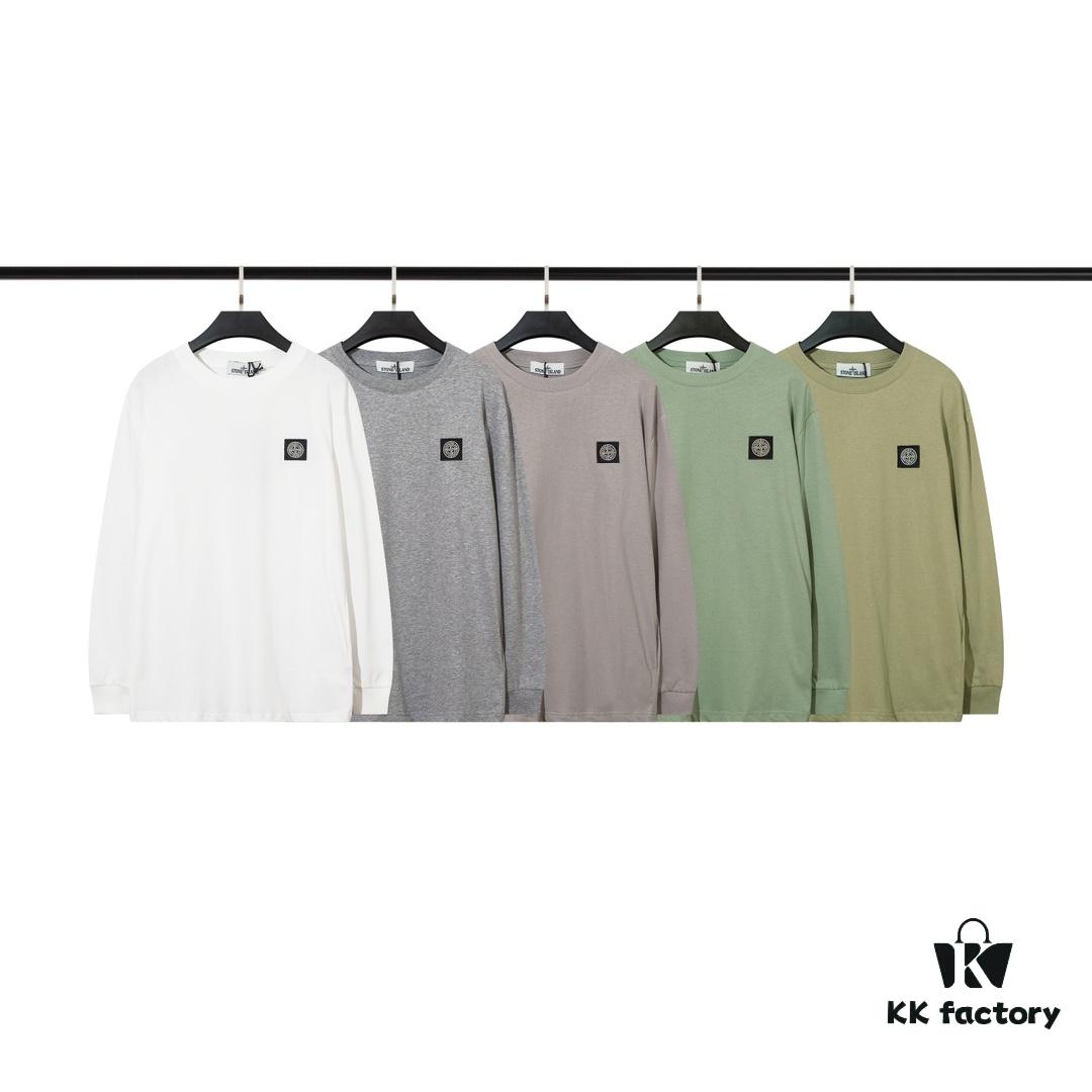 STONE ISLAND (200g Double Cotton Yarn) Embroidered Logo Crew Neck Long Sleeve T-Shirt