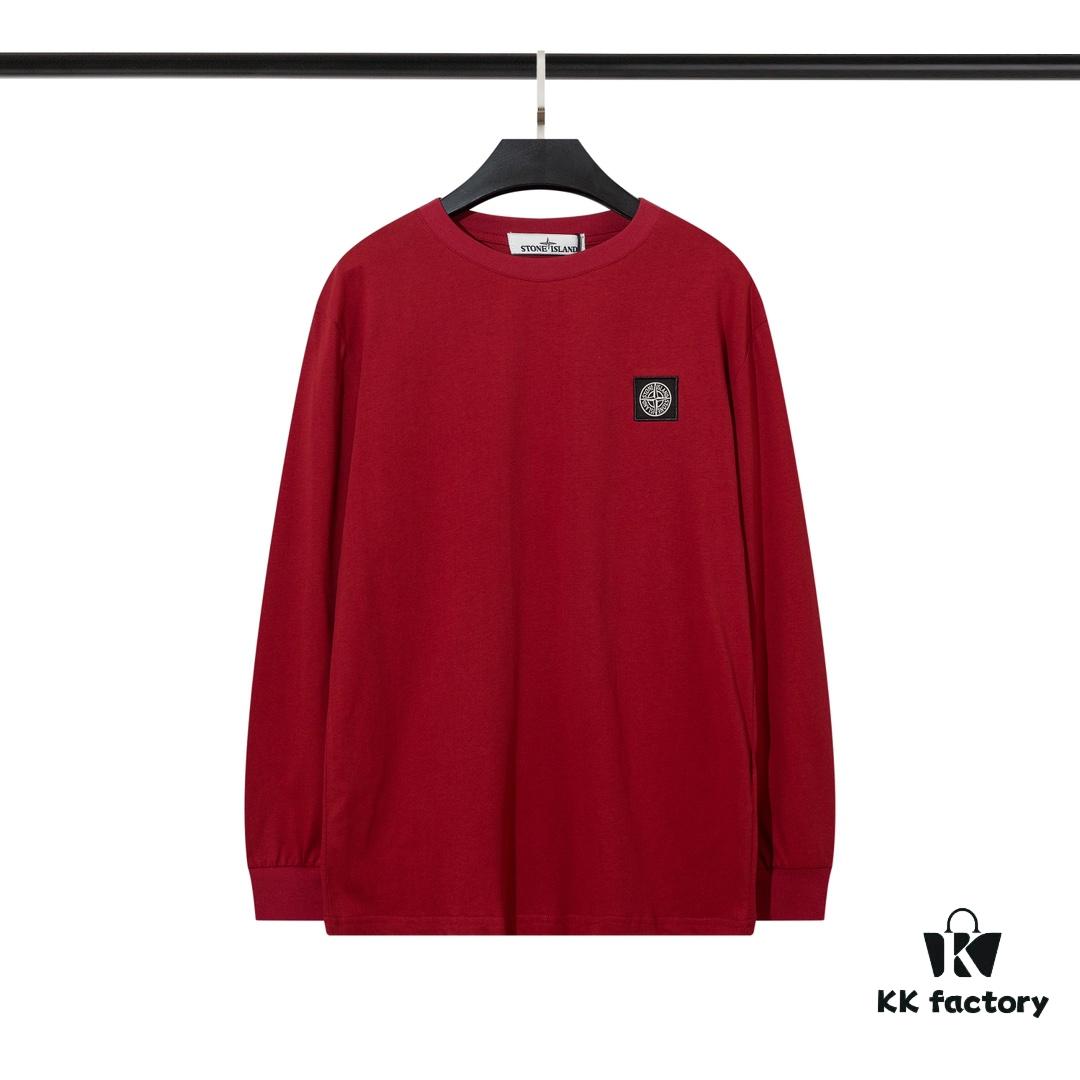 STONE ISLAND (200g Double Cotton Yarn) Embroidered Logo Crew Neck Long Sleeve T-Shirt