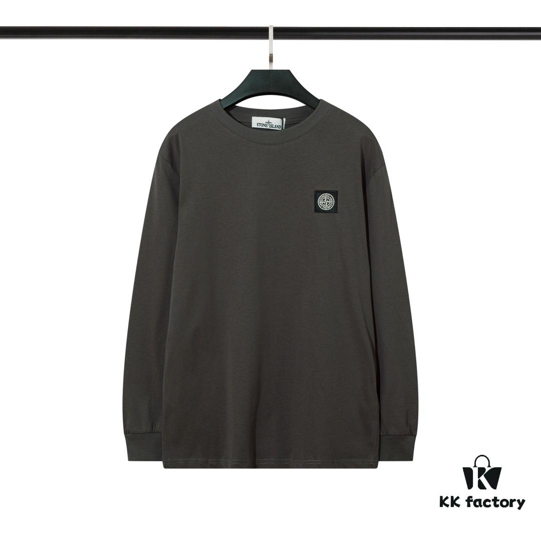 STONE ISLAND (200g Double Cotton Yarn) Embroidered Logo Crew Neck Long Sleeve T-Shirt
