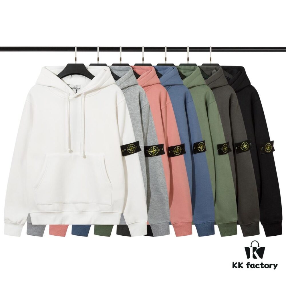 STONE ISLAND Autumn-Winter New Fleece-Lined Hooded Sweatshirt in Black, White, Light Green, Light Blue, Light Pink, Heather Gray, Brownish Gray