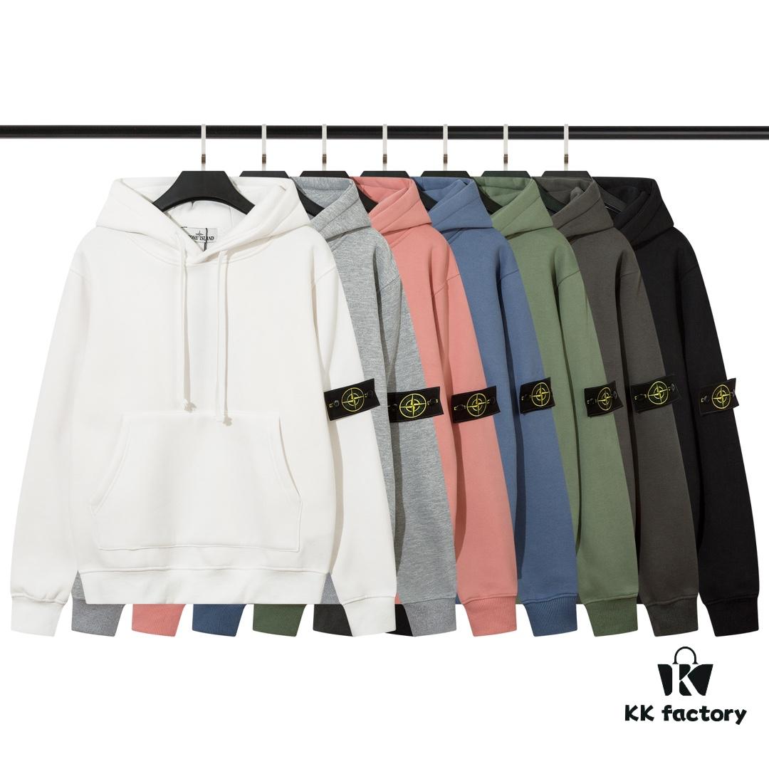 STONE ISLAND Autumn-Winter New Fleece-Lined Hooded Sweatshirt in Black, White, Light Green, Light Blue, Light Pink, Heather Gray, Brownish Gray