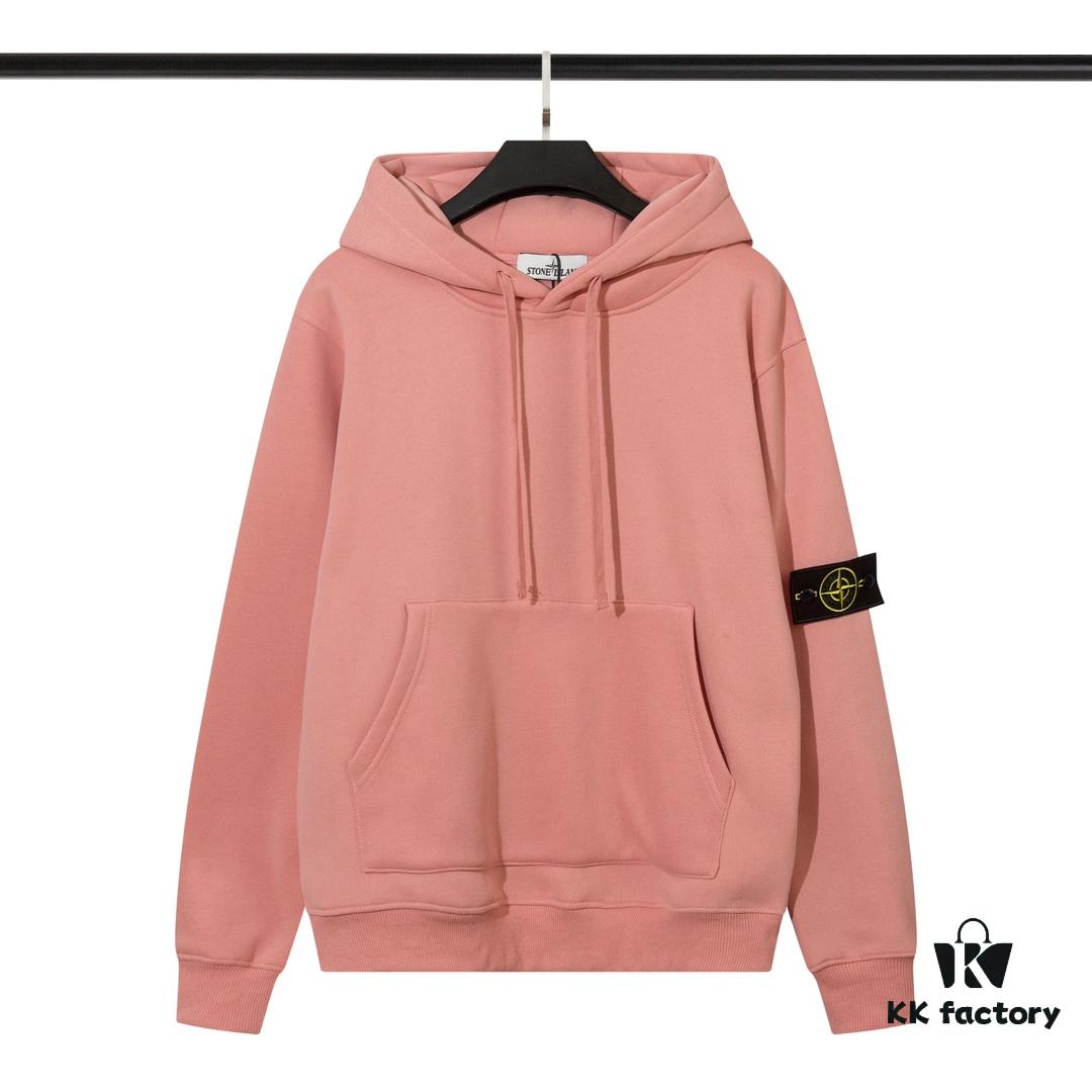STONE ISLAND Autumn-Winter New Fleece-Lined Hooded Sweatshirt in Black, White, Light Green, Light Blue, Light Pink, Heather Gray, Brownish Gray
