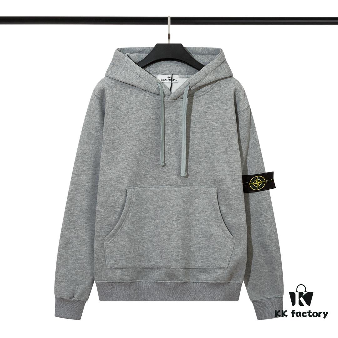 STONE ISLAND Autumn-Winter New Fleece-Lined Hooded Sweatshirt in Black, White, Light Green, Light Blue, Light Pink, Heather Gray, Brownish Gray