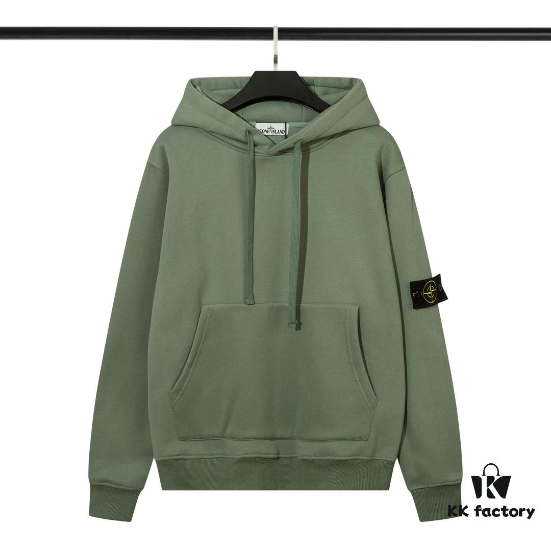 STONE ISLAND Autumn-Winter New Fleece-Lined Hooded Sweatshirt in Black, White, Light Green, Light Blue, Light Pink, Heather Gray, Brownish Gray
