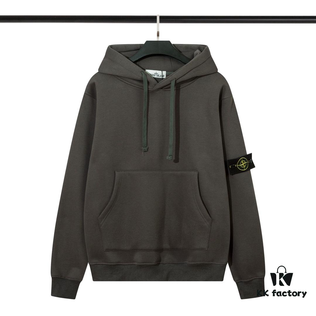 STONE ISLAND Autumn-Winter New Fleece-Lined Hooded Sweatshirt in Black, White, Light Green, Light Blue, Light Pink, Heather Gray, Brownish Gray