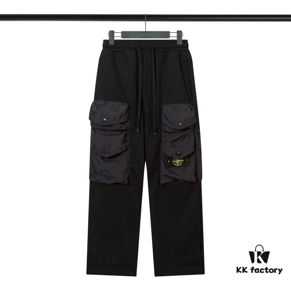 STONE ISLAND (320g Cotton Sweatpants) Multi-Pocket Casual Loose-Fit Full-Length Pants with Drawstring Cuffs. Black. M L XL XXL