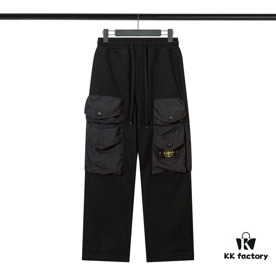 STONE ISLAND (320g Cotton Sweatpants) Multi-Pocket Casual Loose-Fit Full-Length Pants with Drawstring Cuffs. Black. M L XL XXL