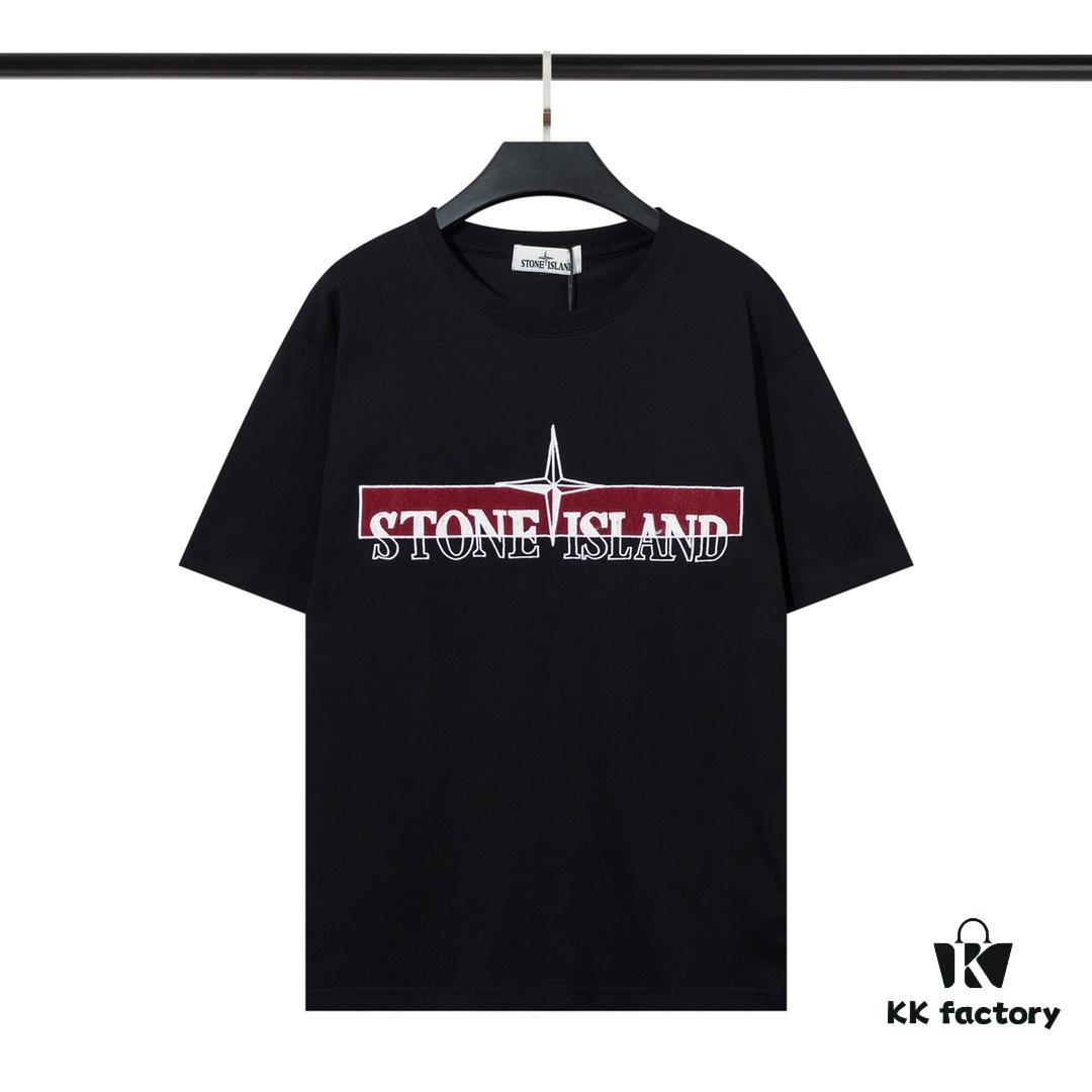 STONE ISLAND (230g 100% Cotton Double Yarn) Terry Embroidery Print T-Shirt in Black and White