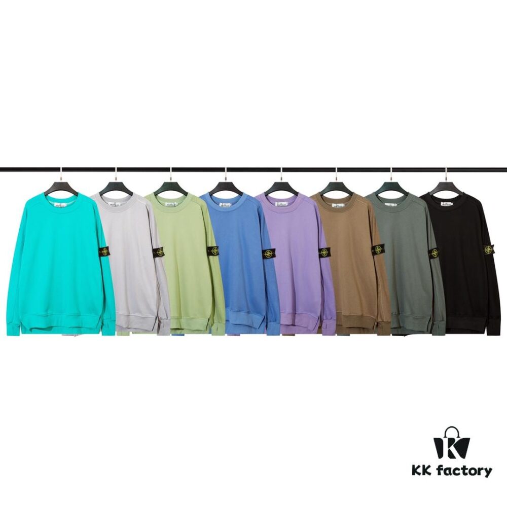 STONE ISLAND (320g Pure Cotton Sweatshirt) Functional Cuff Loose Round Neck Pullover Terry Hoodie in Black, Light Gray, Dark Gray, Coffee, Light Green, Lake Blue, Blue, Purple