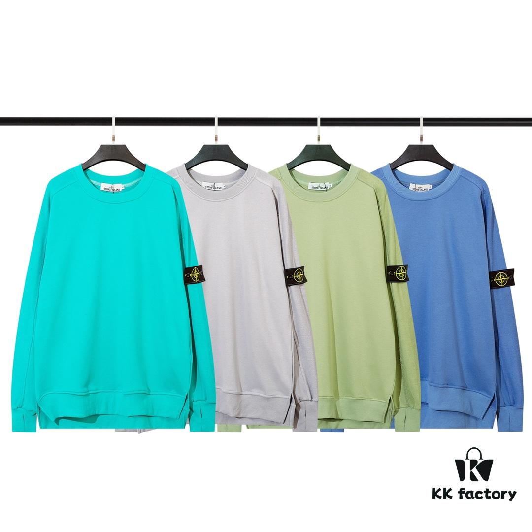 STONE ISLAND (320g Pure Cotton Sweatshirt) Functional Cuff Loose Round Neck Pullover Terry Hoodie in Black, Light Gray, Dark Gray, Coffee, Light Green, Lake Blue, Blue, Purple