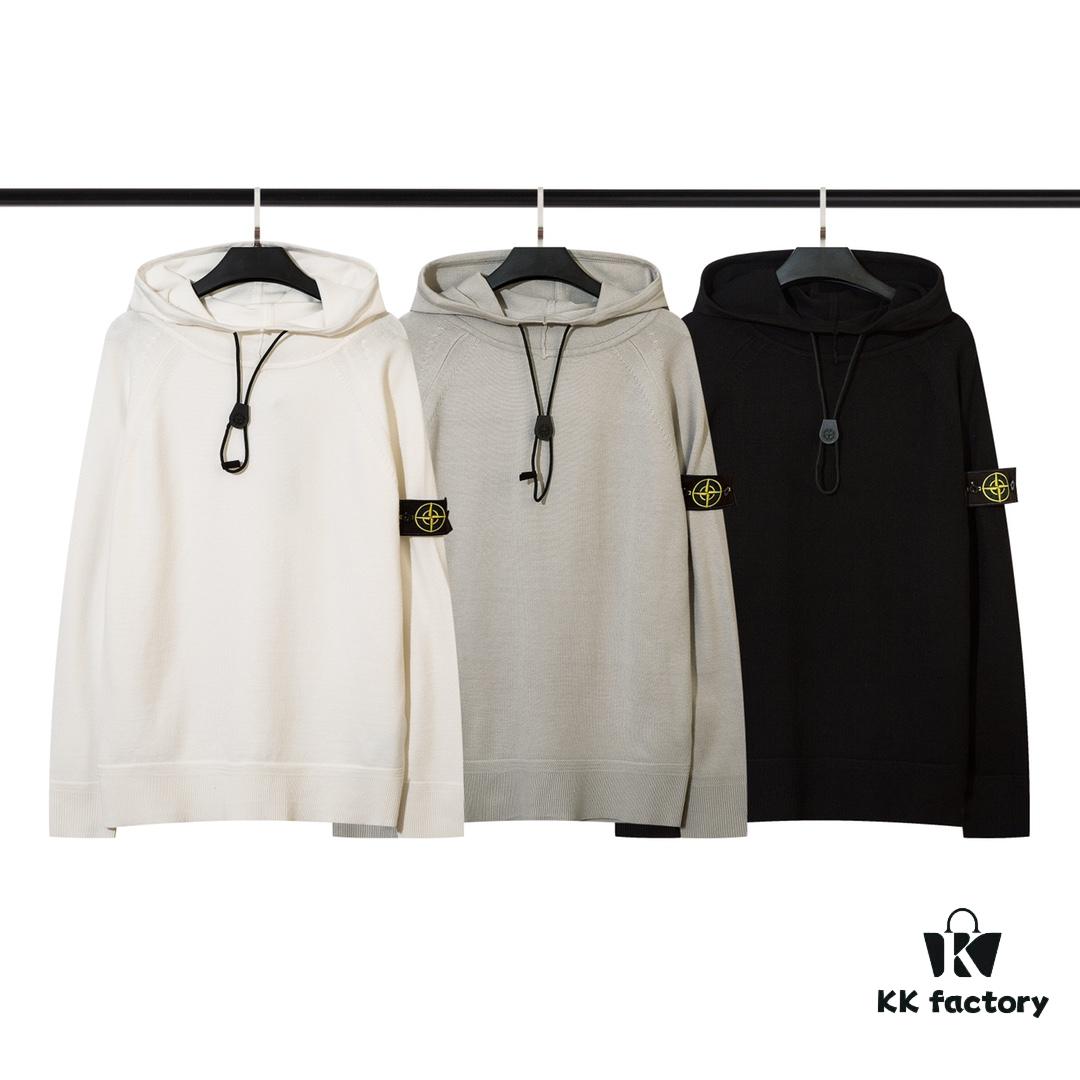 8926# STONE ISLAND Knit Drawstring Hooded Solid Wool Sweater in Black, White, Gray