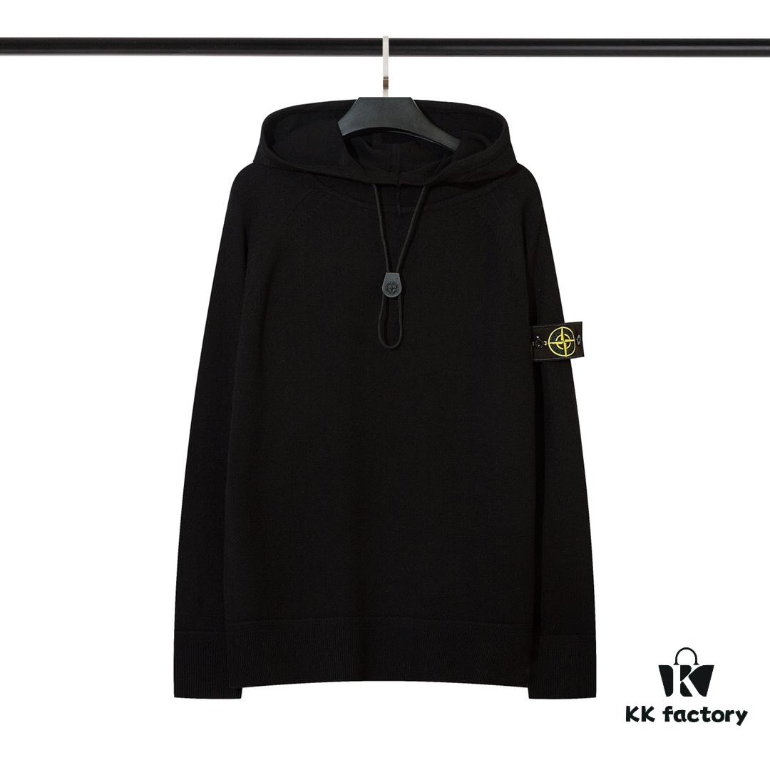 8926# STONE ISLAND Knit Drawstring Hooded Solid Wool Sweater in Black, White, Gray