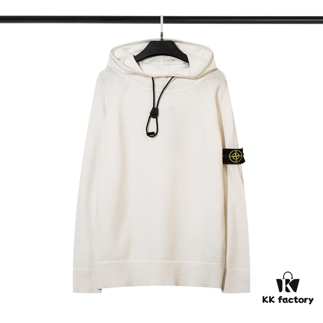 8926# STONE ISLAND Knit Drawstring Hooded Solid Wool Sweater in Black, White, Gray