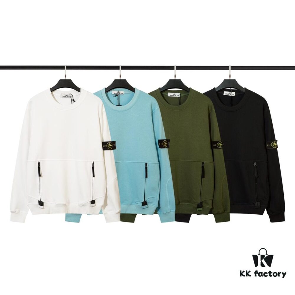 STONE ISLAND Hoodie with Zipper Pocket, Round Neck Pullover Sweatshirt (320g 100% Cotton)