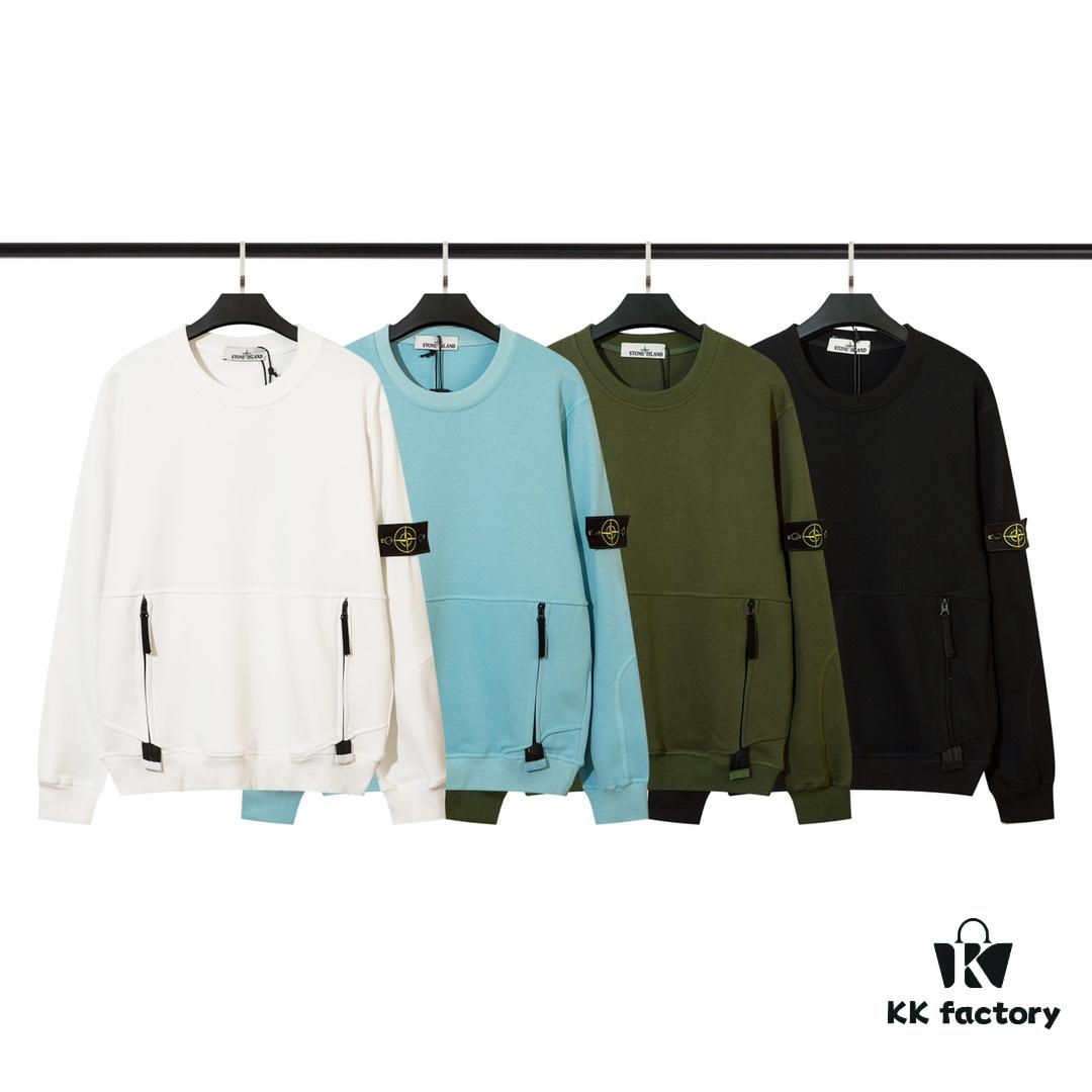 STONE ISLAND Hoodie with Zipper Pocket, Round Neck Pullover Sweatshirt (320g 100% Cotton)