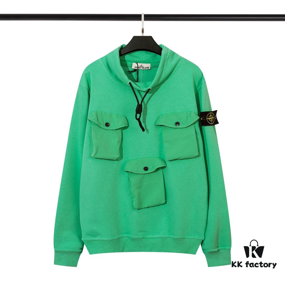 STONE ISLAND 320g Cotton Hooded Sweatshirt with Stand Collar, 3D Pockets, Loose Fit