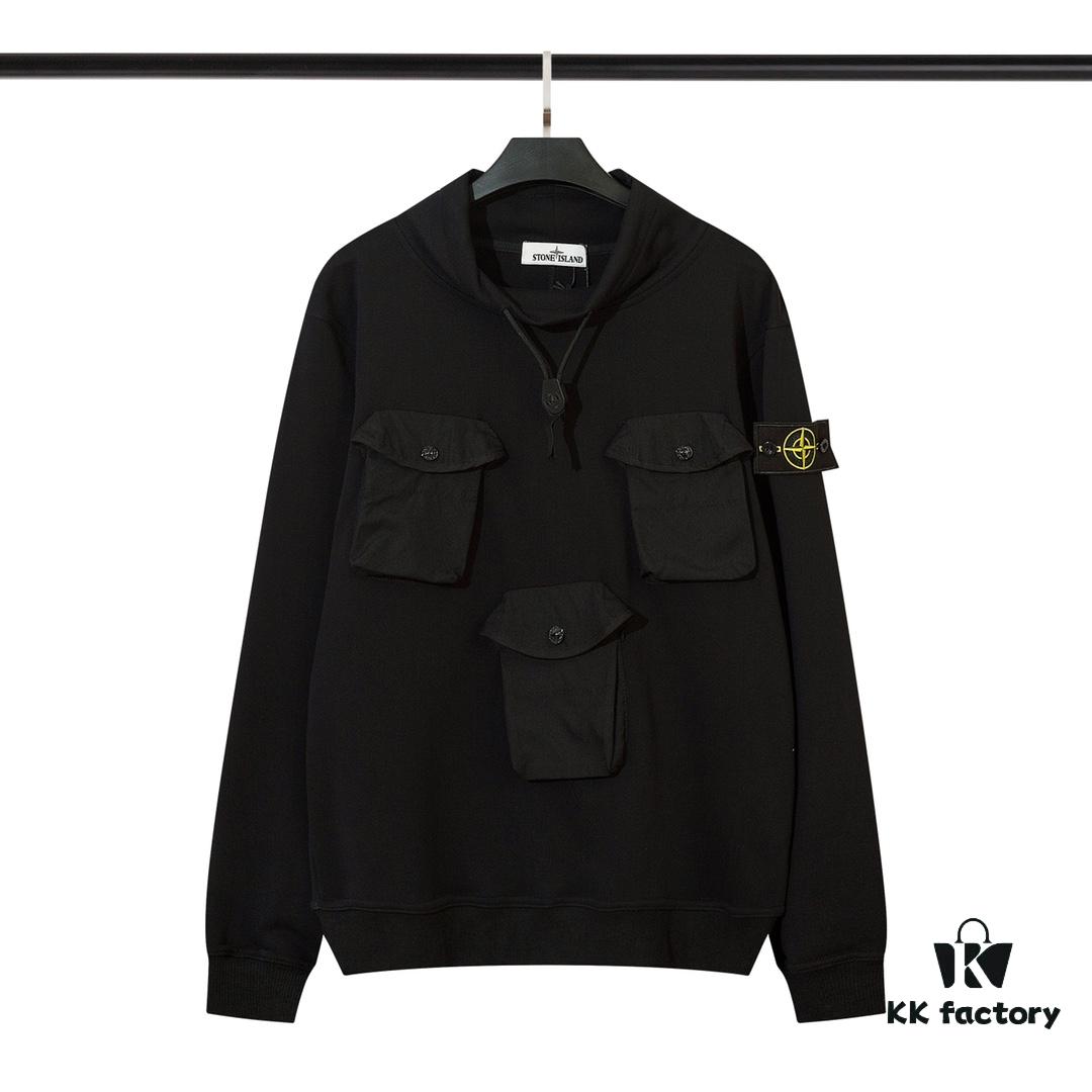 STONE ISLAND 320g Cotton Hooded Sweatshirt with Stand Collar, 3D Pockets, Loose Fit