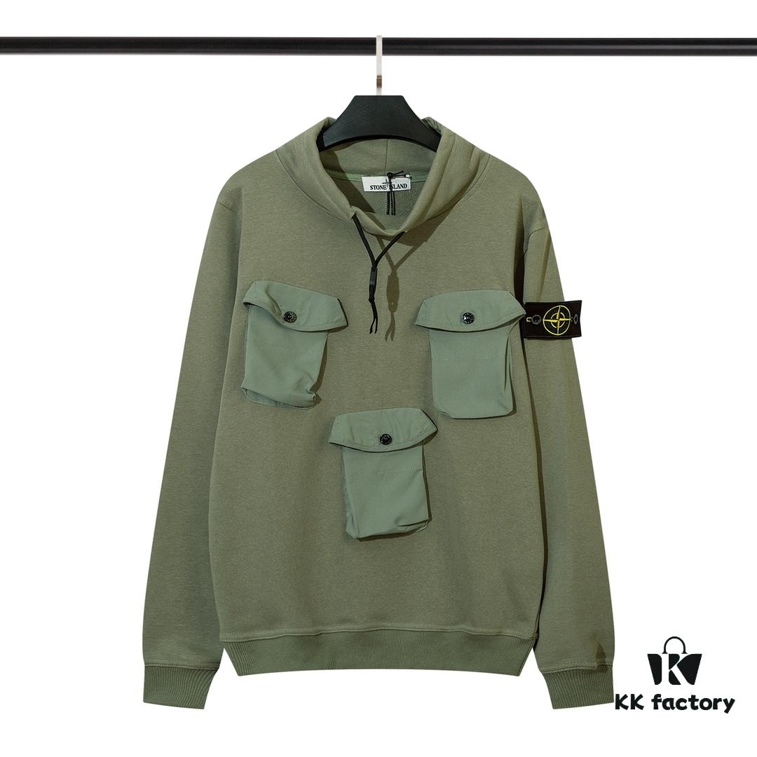 STONE ISLAND 320g Cotton Hooded Sweatshirt with Stand Collar, 3D Pockets, Loose Fit