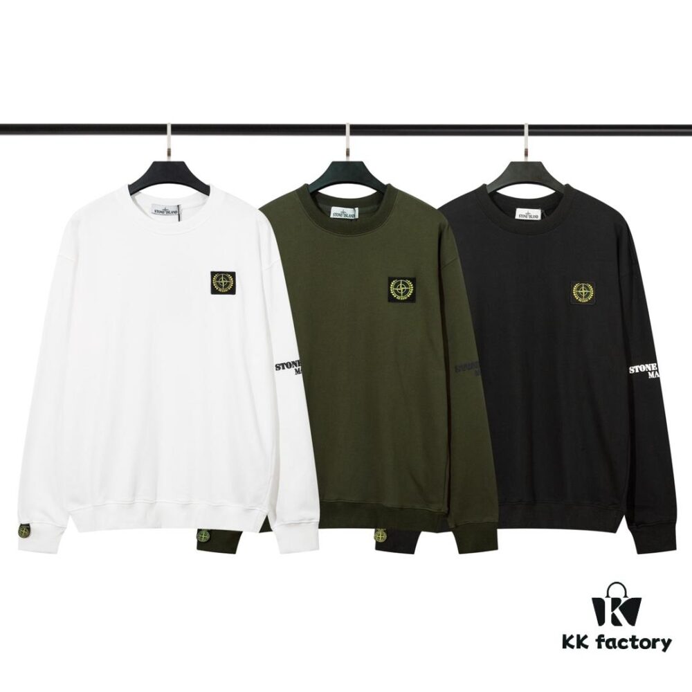 STONE ISLAND 360g Cotton Hooded Sweatshirt with Raised Letter Print and Classic Small Logo, Crew Neck Loose Fit Pullover, Black White Green