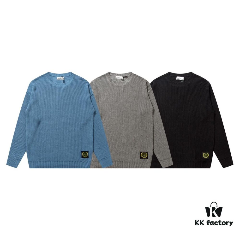 901# STONE ISLAND Classic Small Logo Loose Knit Pullover Sweater in Black, Gray, Blue