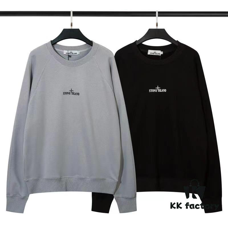 STONE ISLAND (320g Cotton Sweatshirt) Autumn-Winter New Arrival Classic Logo Print Batwing Sleeve Loose Fit Unisex Crewneck Pullover in Black and Grey