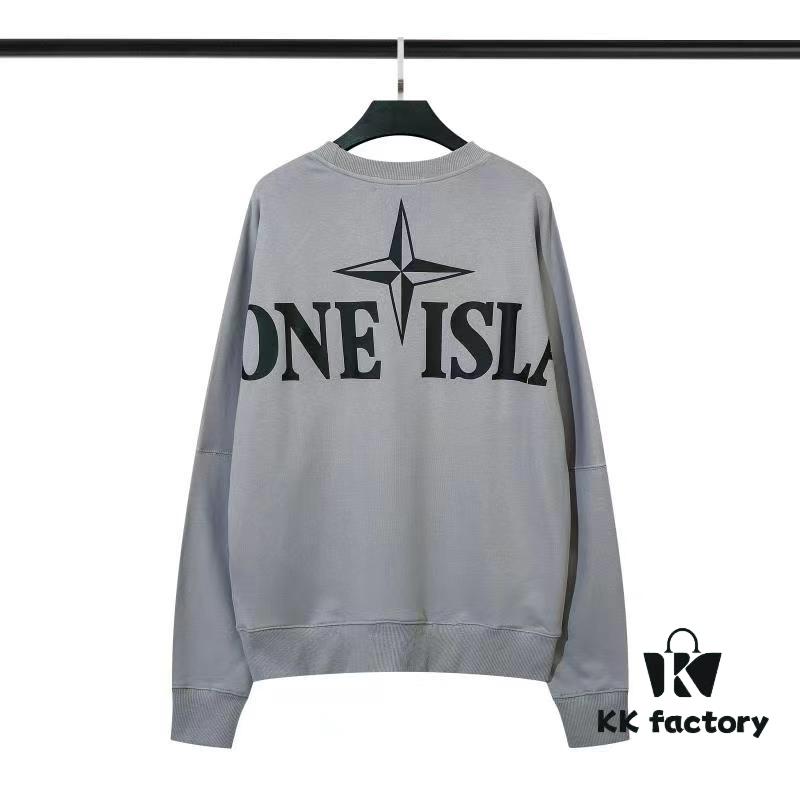 STONE ISLAND (320g Cotton Sweatshirt) Autumn-Winter New Arrival Classic Logo Print Batwing Sleeve Loose Fit Unisex Crewneck Pullover in Black and Grey