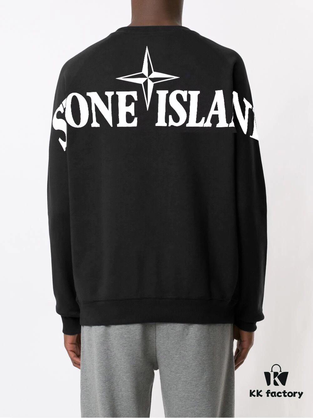 STONE ISLAND (320g Cotton Sweatshirt) Autumn-Winter New Arrival Classic Logo Print Batwing Sleeve Loose Fit Unisex Crewneck Pullover in Black and Grey