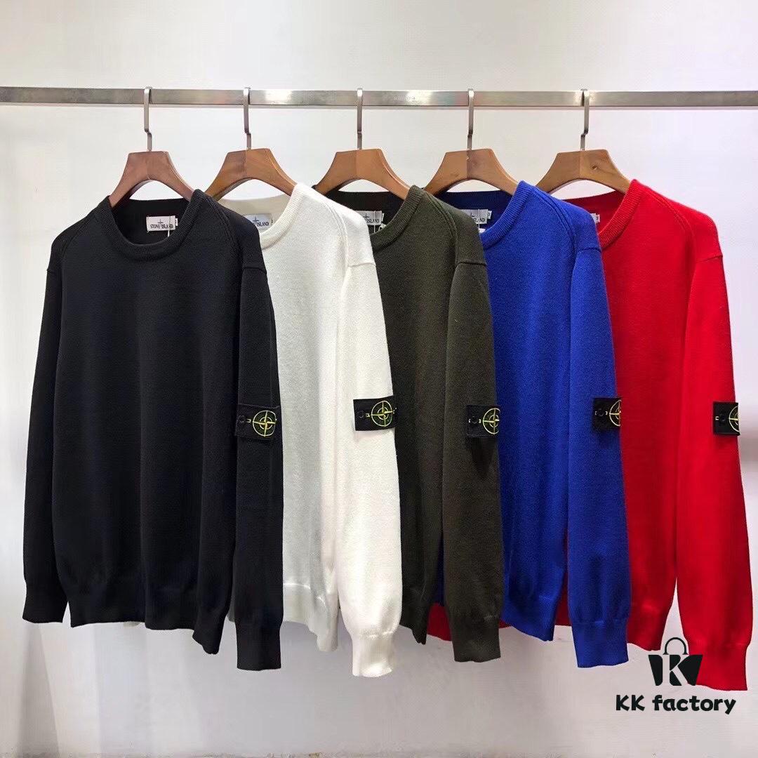 Stone Island Basic Round-Neck Pullover Knit Sweater with Compass Sleeve Patch