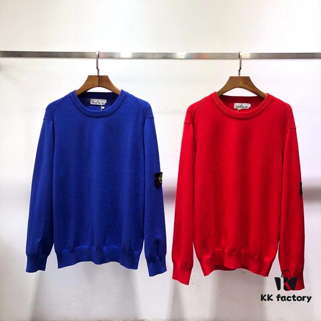 Stone Island Basic Round-Neck Pullover Knit Sweater with Compass Sleeve Patch