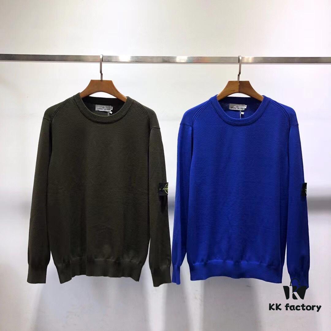 Stone Island Basic Round-Neck Pullover Knit Sweater with Compass Sleeve Patch