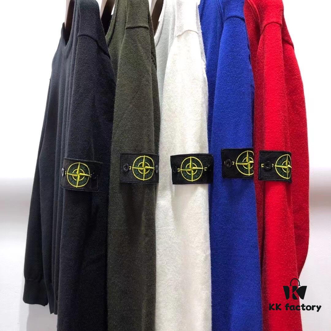 Stone Island Basic Round-Neck Pullover Knit Sweater with Compass Sleeve Patch