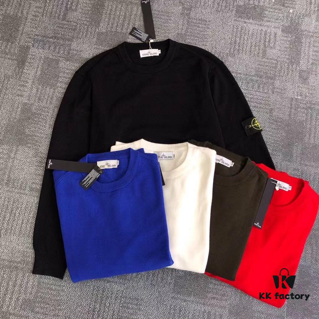 Stone Island Basic Round-Neck Pullover Knit Sweater with Compass Sleeve Patch