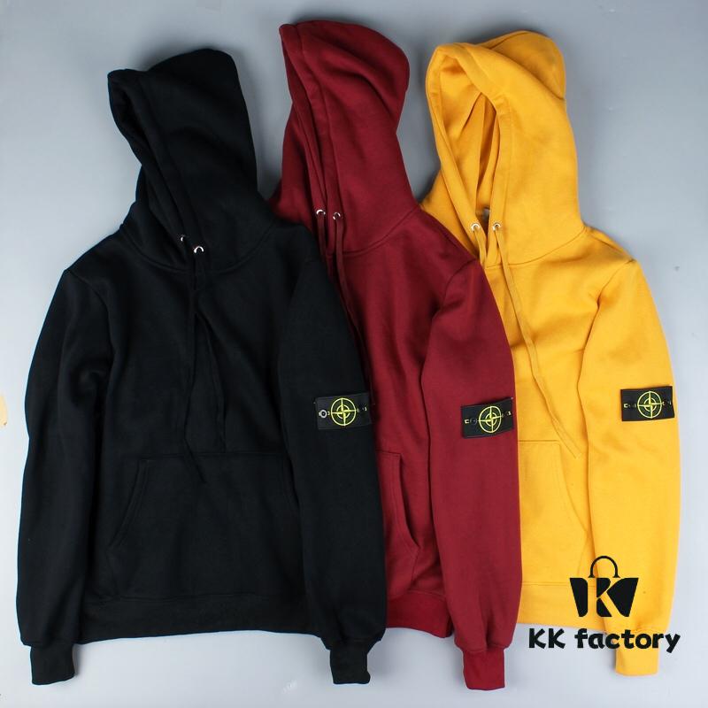 Stone Island Evergreen Fleece Hoodie in Black, Yellow, and Burgundy