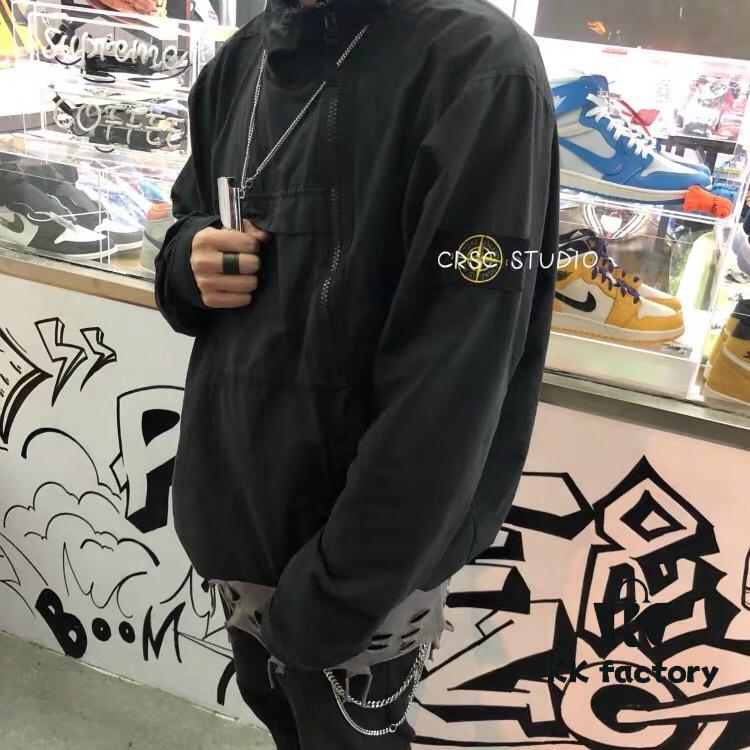 Stone Island 19FW Washed Workwear Metal Half-Zip Windbreaker Jacket for Men and Women