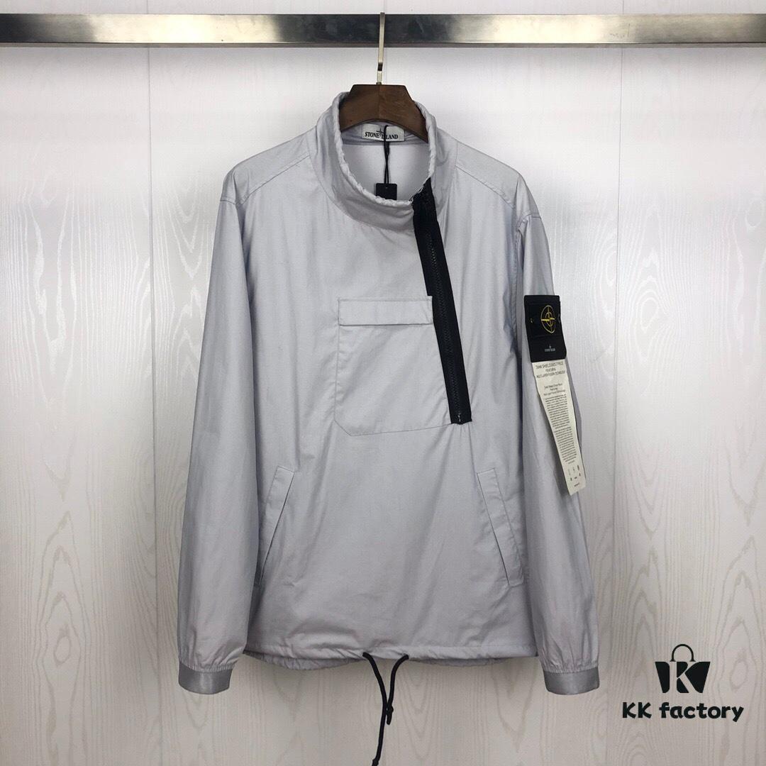 Stone Island 19FW Washed Workwear Metal Half-Zip Windbreaker Jacket for Men and Women