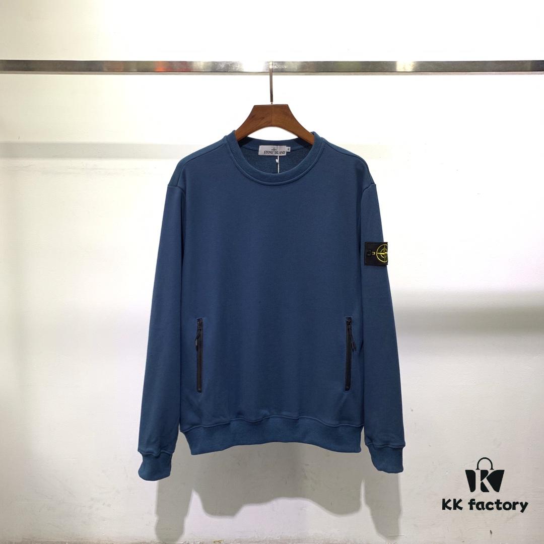 Stone Island Classic Arm Badge Zipper Pocket Terry Crewneck Sweatshirt in Black and Blue
