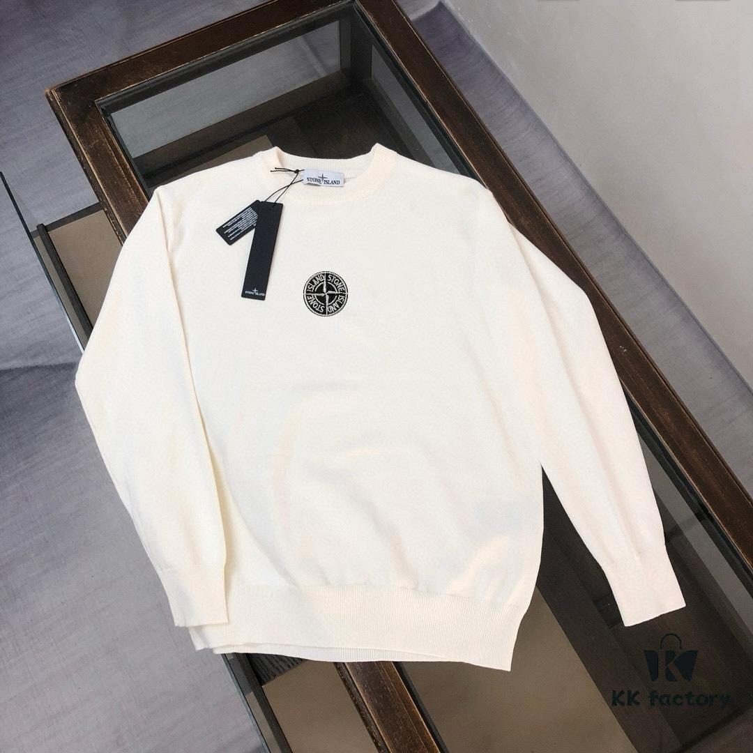 STONE ISLAND Men's Casual Knit Pullover Sweater - Premium Custom Fit, Minimalist Round Neck Design with Iconic Compass Logo Embroidery