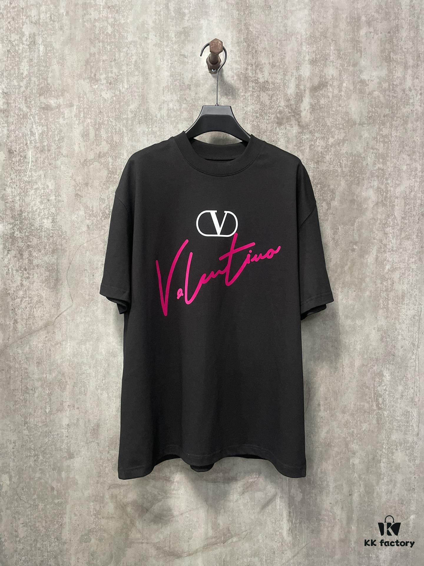 VALENTINO 24FW Pink Handwritten Text 3D Flocking Heavyweight Short Sleeve T-Shirt