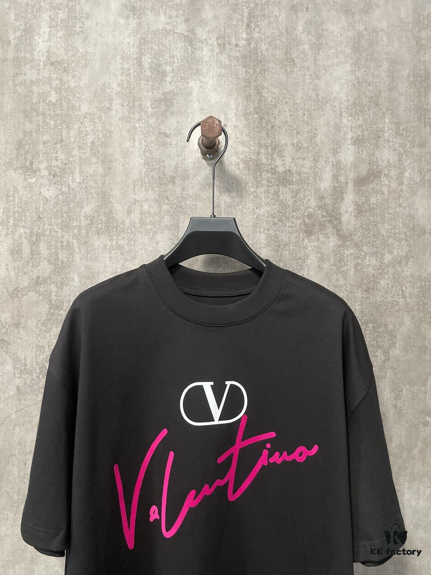 VALENTINO 24FW Pink Handwritten Text 3D Flocking Heavyweight Short Sleeve T-Shirt