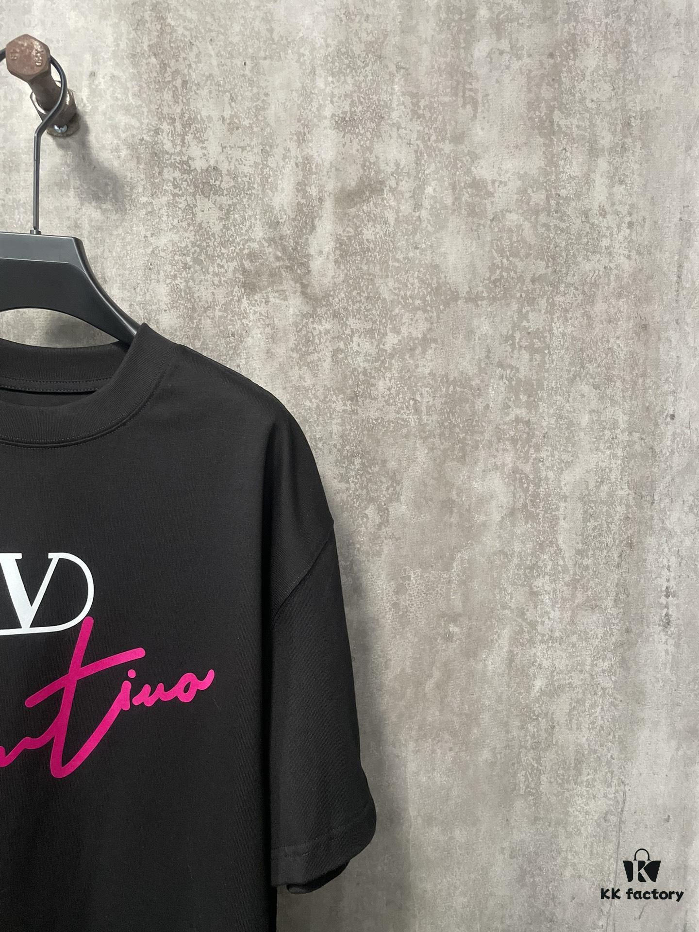VALENTINO 24FW Pink Handwritten Text 3D Flocking Heavyweight Short Sleeve T-Shirt