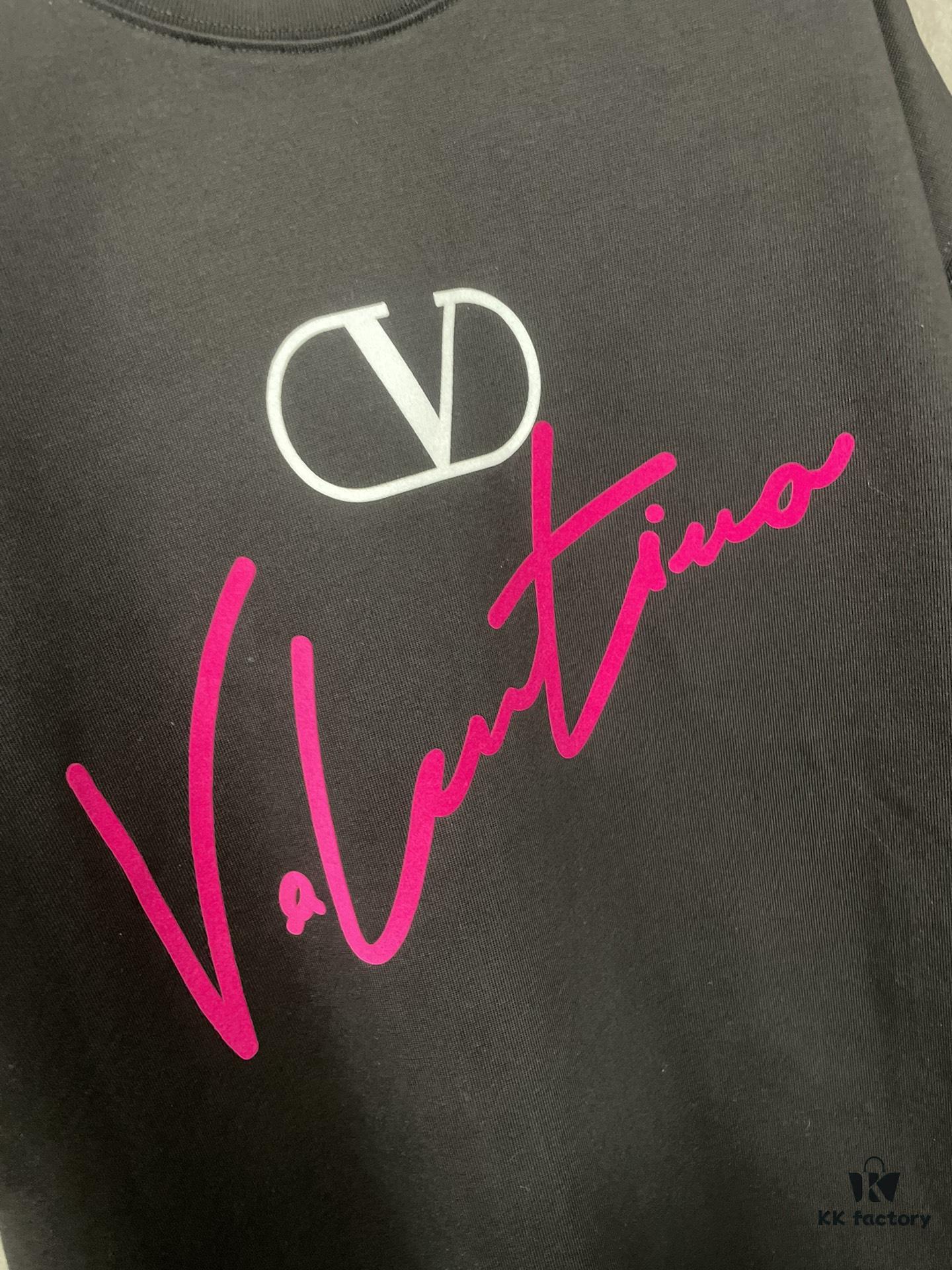 VALENTINO 24FW Pink Handwritten Text 3D Flocking Heavyweight Short Sleeve T-Shirt