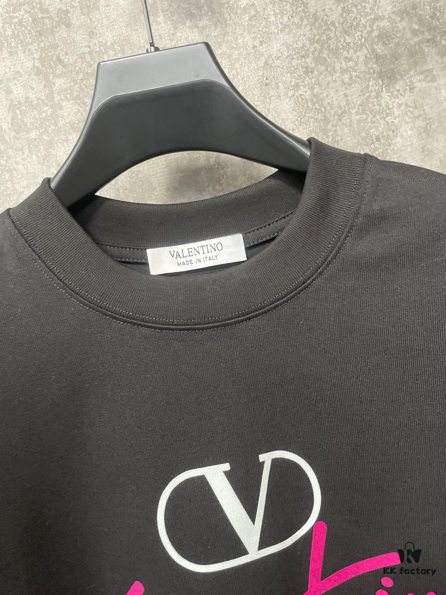 VALENTINO 24FW Pink Handwritten Text 3D Flocking Heavyweight Short Sleeve T-Shirt