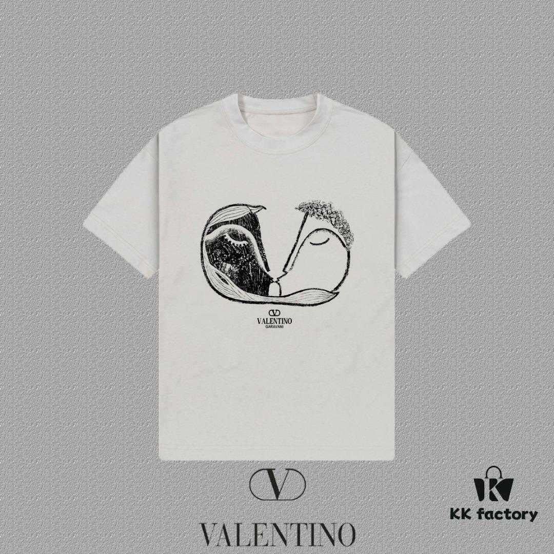 VALENTINO 2024FW Short Sleeve T-Shirt with Letter Logo Print, Premium 26s Double Yarn 300g Fabric, Heavyweight Cotton Blend, Custom Ribbed Trim Dyed-to-Match, Three Labels Included, Unisex Design
